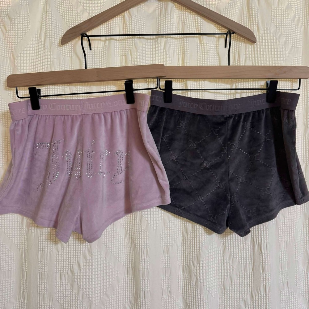Juicy Couture Sleep Shorts Pink Gray Velour Rhinestone Monogram Lot of 2 Small